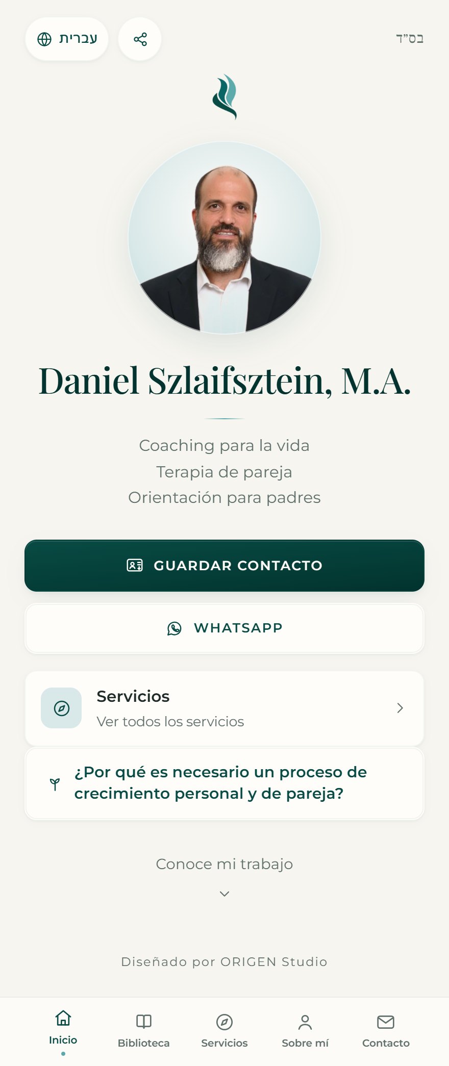 Tarjeta ORIGEN Signature real del Rab Daniel Szlaifsztein, Coach y Terapeuta (versión bilingüe español-hebreo)